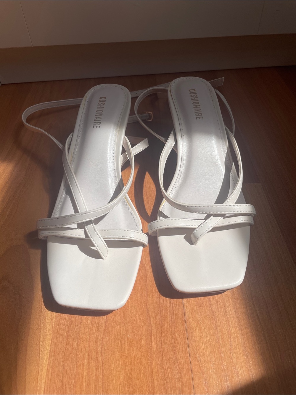 Cushionaire White Strappy Square-Toe Heeled Sandals